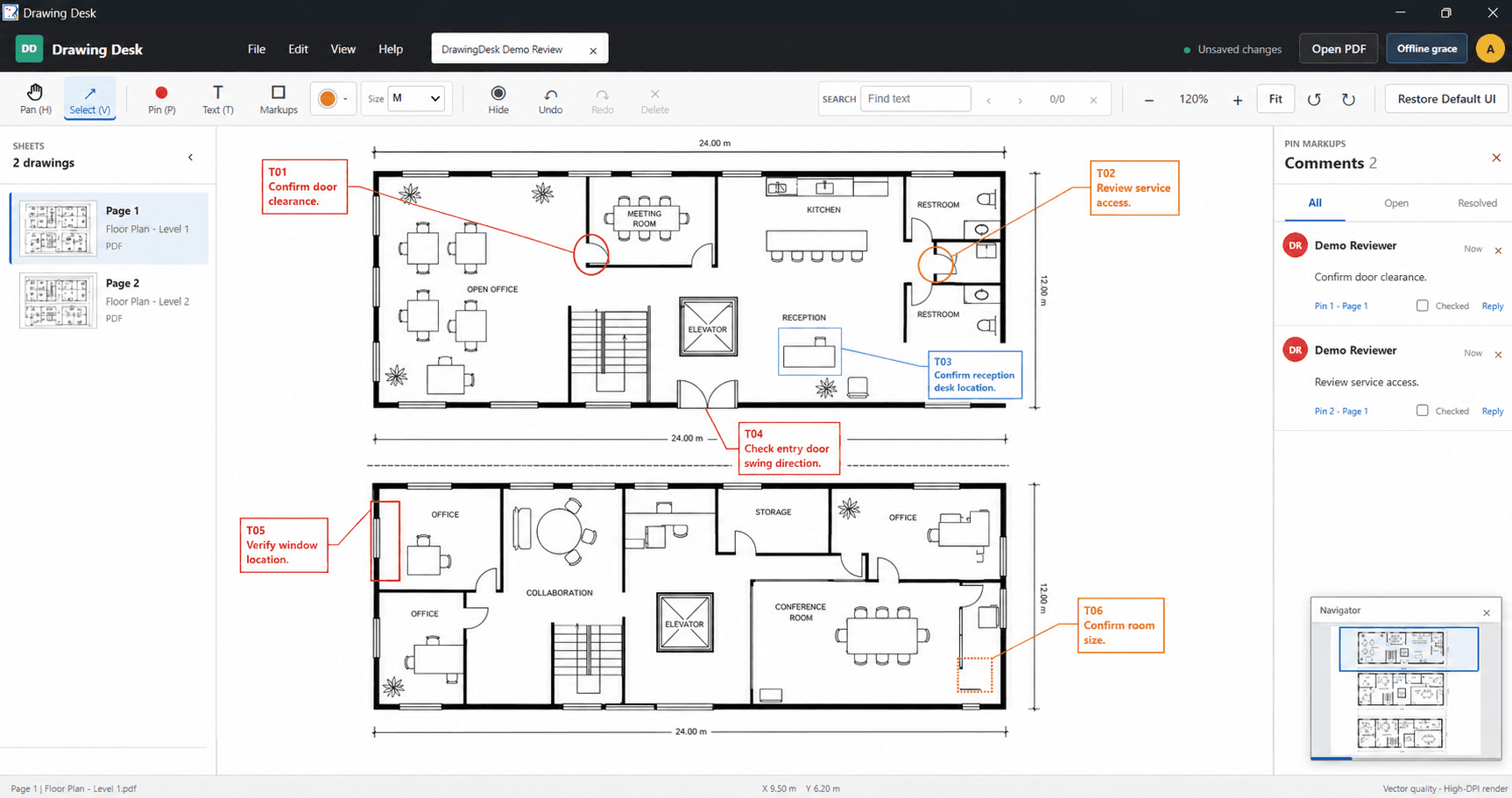 DrawingDesk demonstration floor plan with coloured review notes, comments, sheet thumbnails and Navigator
