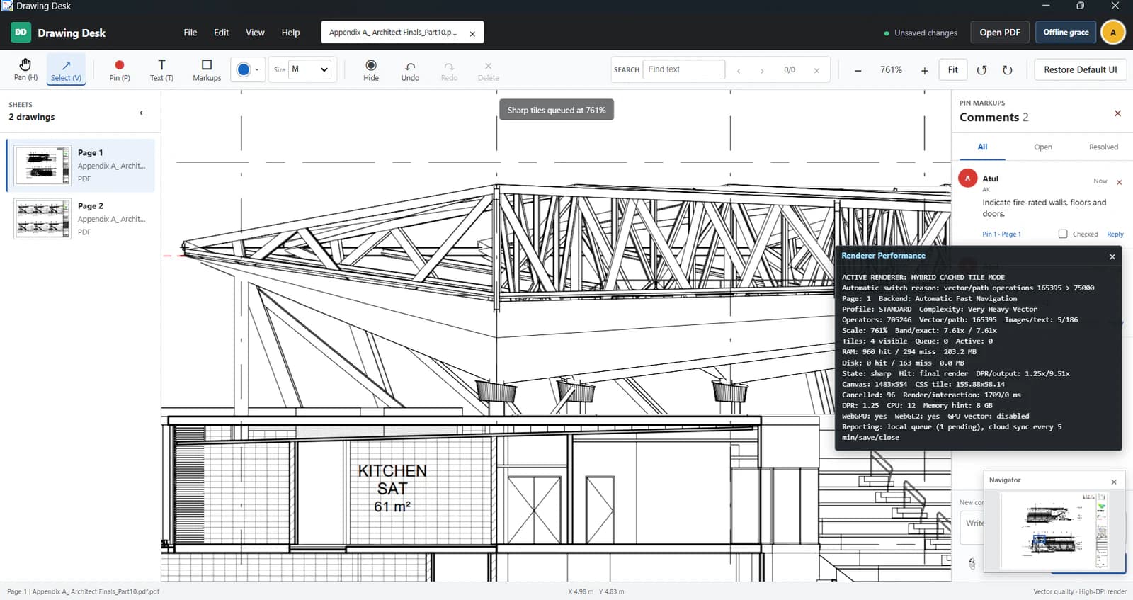 DrawingDesk at high zoom on a demanding engineering drawing with Navigator, comments and optional Advanced Diagnostics visible