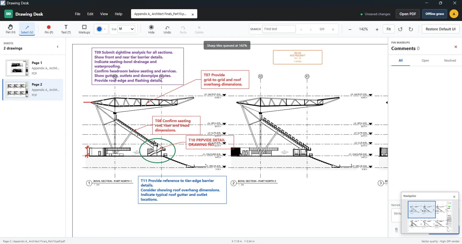 Wide architectural drawing review in DrawingDesk using coloured leader notes, shapes, a review stamp, sheet thumbnails and Navigator