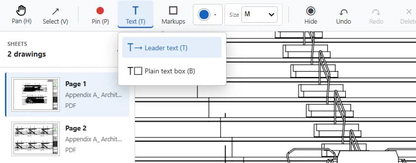 DrawingDesk Text menu showing Leader Text and Plain Text Box tools with keyboard shortcuts