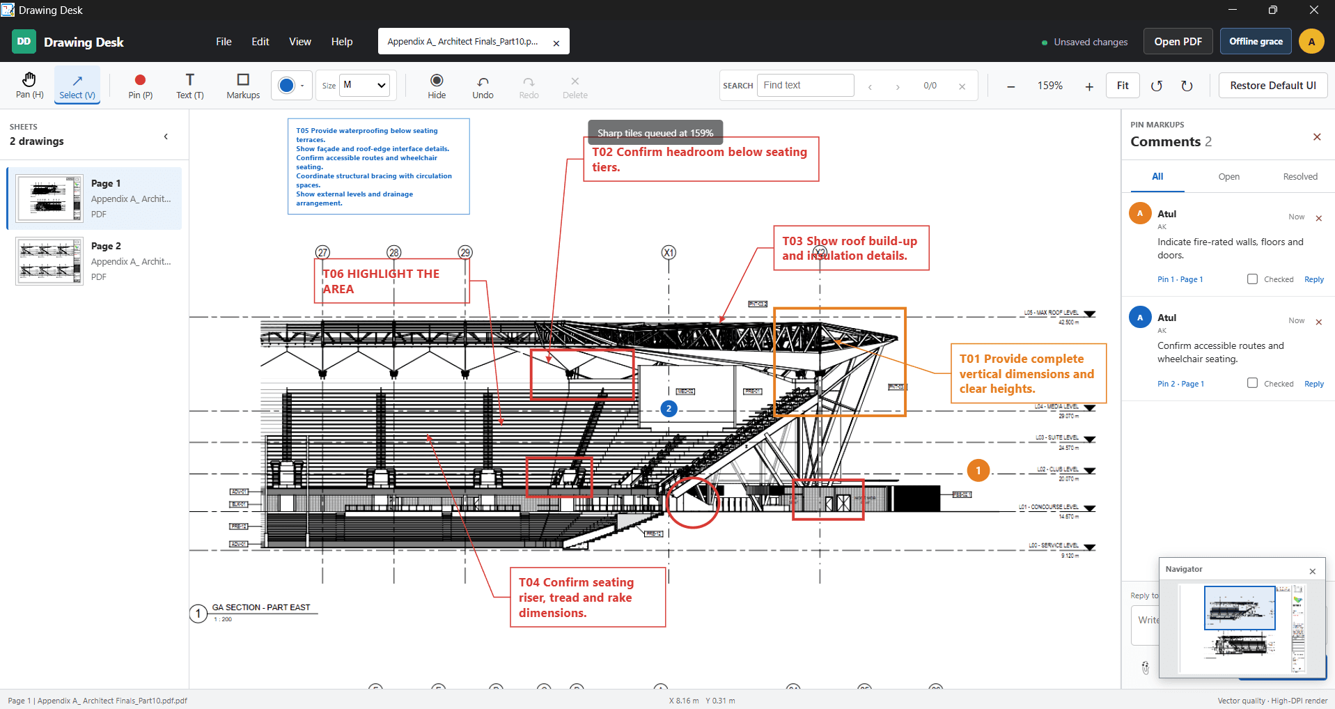 DrawingDesk review workspace showing an engineering drawing, coloured markups, numbered comments, sheet thumbnails and the movable Navigator